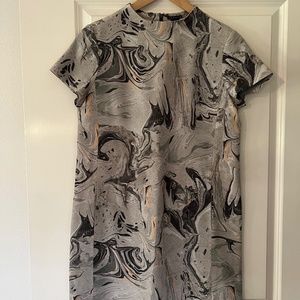 Theory silk dress, marble pattern, modern chic